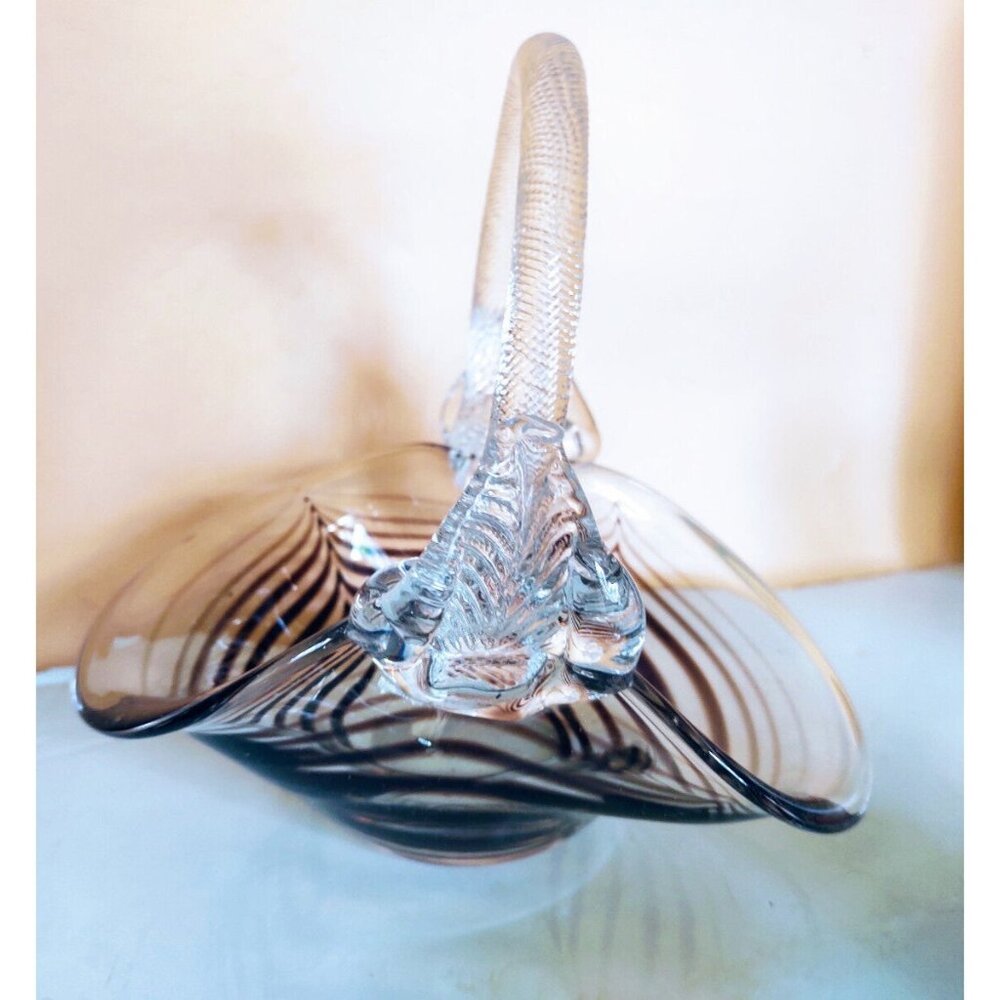 Vintage Art Glass Basket Brown Zebra Swirls 8" Tall Signed "Demarchi" 1983